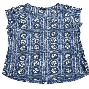 Chaps Women's 2X Blue White Tie-Dye Print Cap Sleeve Notched Scoop Neck Knit Top